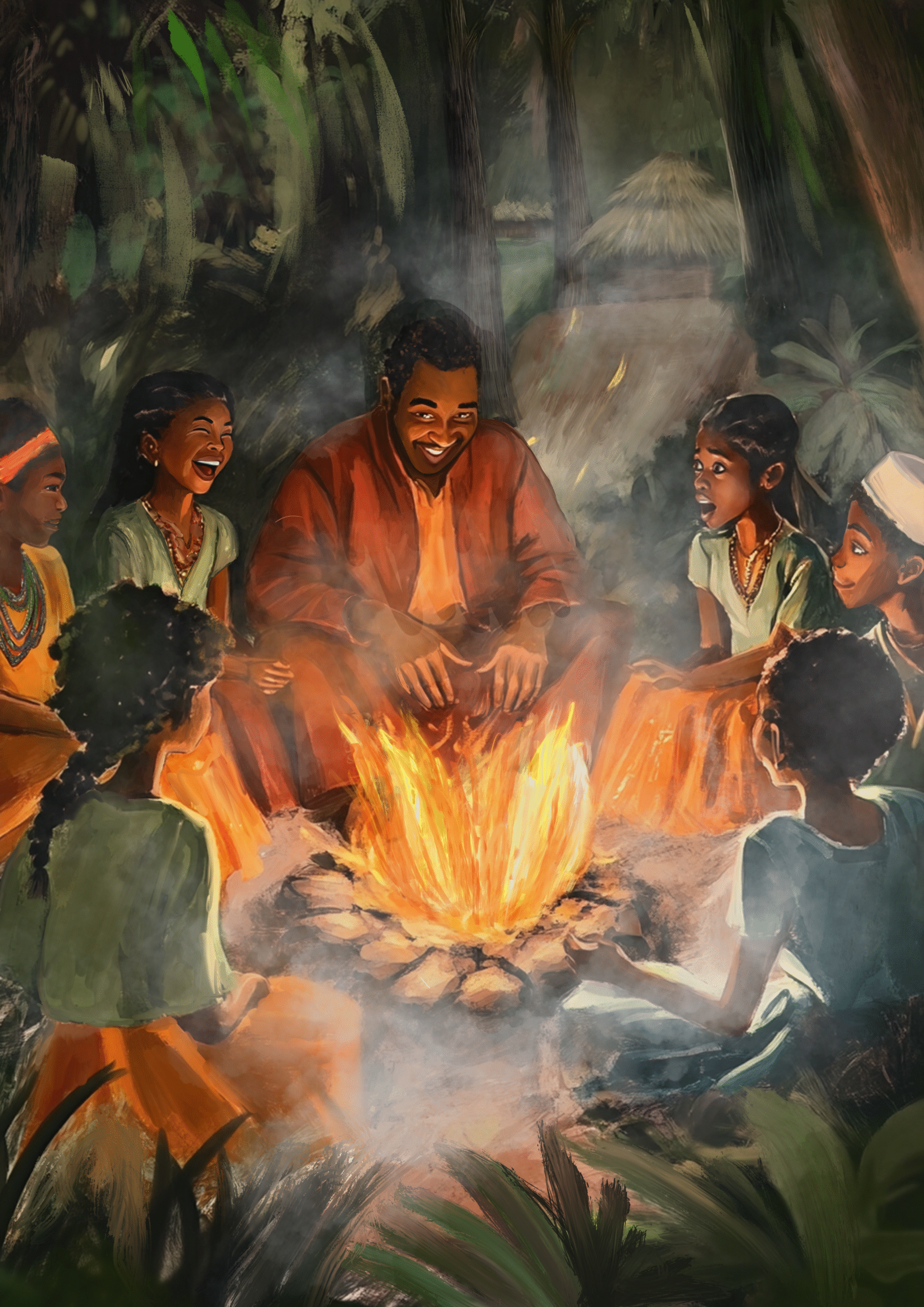 A family gathered around a fire sharing a story