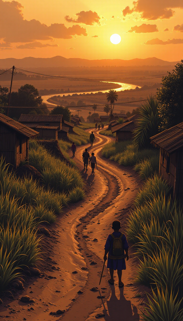Travellers walking a winding path through a village at dusk